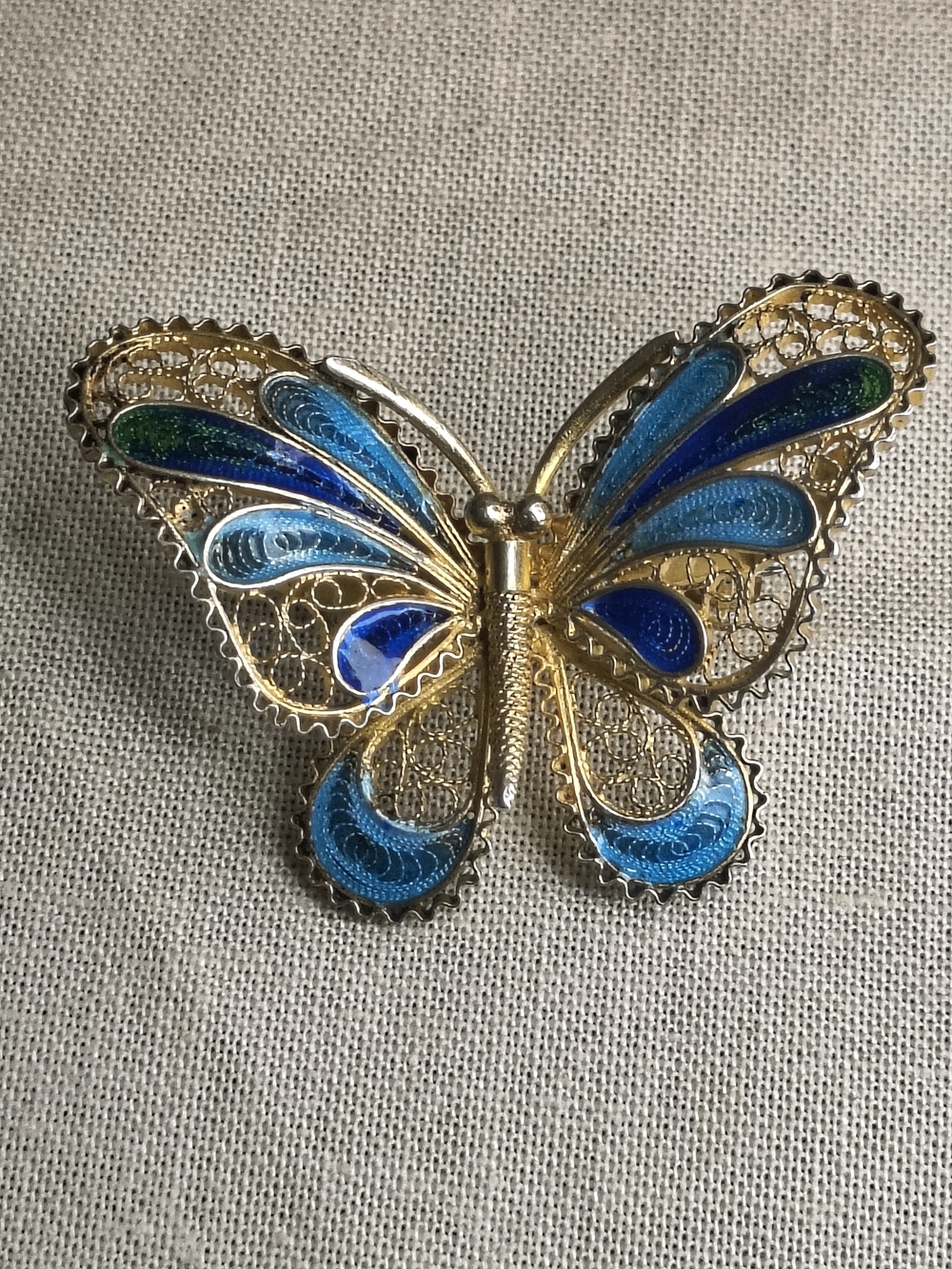 Vintage 800 Silver Enamel Filigree Butterfly Brooch Blue Green Gold Tone